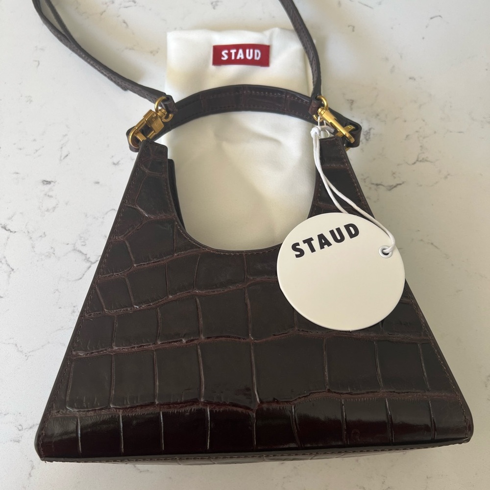 STAUD Brown Croc-Embossed Mini Rey Crossbody